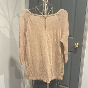 August Silk beige/tan 3/4 Sleeve Blouse with gold chain and netted sleeve.